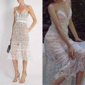 Self Portrait Guipure Midi White Dress Lace Floral Blush Size 0